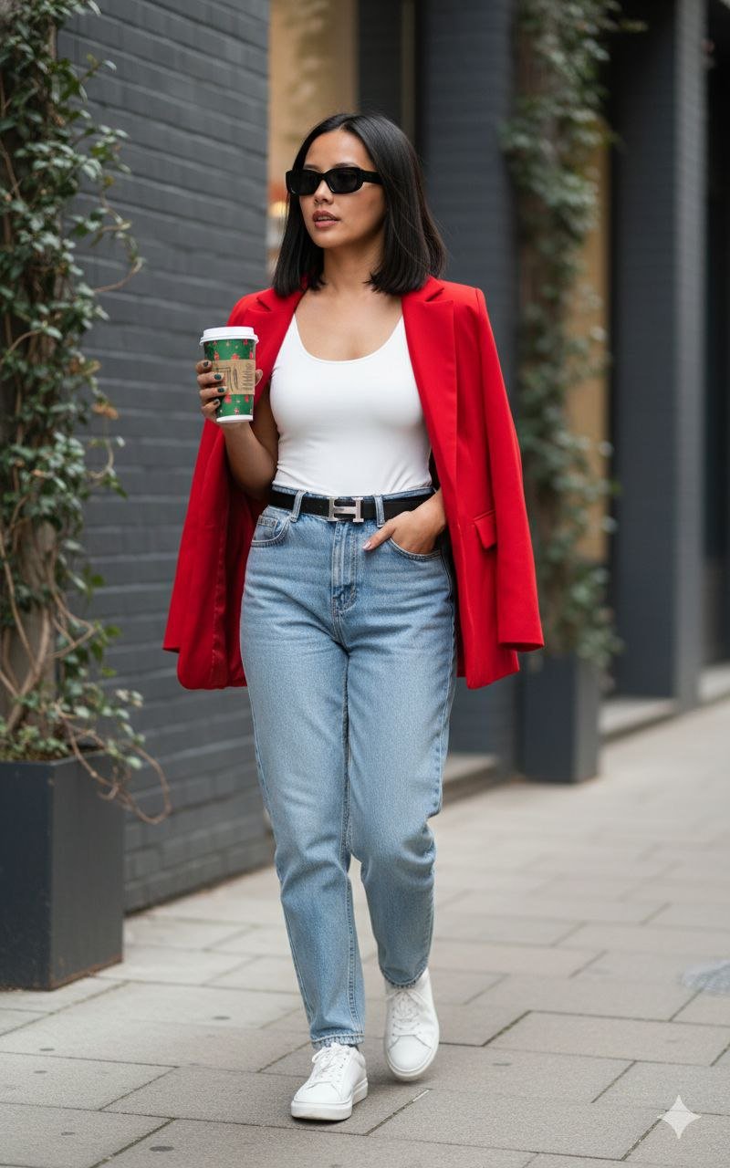 stylish young woman with long, flowing brown hair, wearing a casual yet chic outfit.